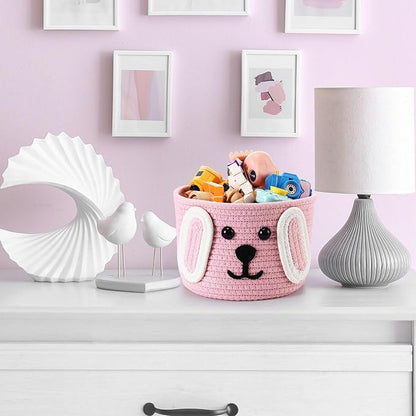 Zopeal Dog Woven Basket, 7.9" D x 6" H Cotton Rope Toy Storage Organizer, Dog Mom Gift Empty, Cute Laundry Puppy Gift Animal Basket for Clothes, Towels, Toy, Laundry, Bathroom, Home(Pink,White)
