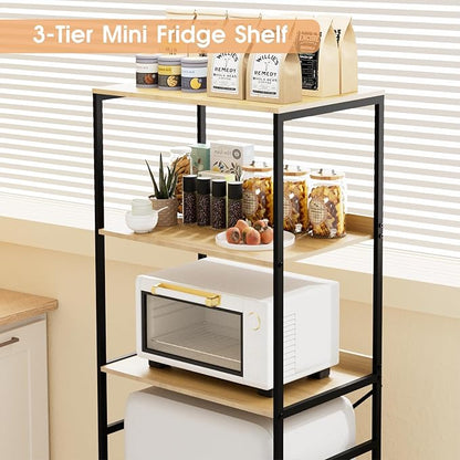 Mini Fridge Shelf Mini Fridge and Microwave Stand Over Mini Fridge Storage Rack 3 Tier Microwave and Fridge Stand Suitable for Dorm, Kitchens, Offices, Natural