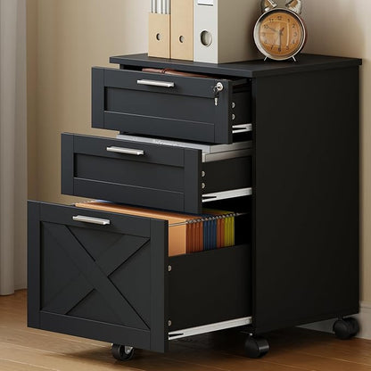 GarveeHome 3-Drawer File Cabinet with Lock, Mobile Under Desk Filing Cabinet for Home Office, Wood Storage Organizer for Letter/a4/Legal Size Documents, Black