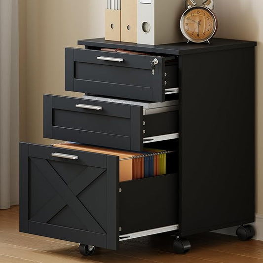 GarveeHome 3-Drawer File Cabinet with Lock, Mobile Under Desk Filing Cabinet for Home Office, Wood Storage Organizer for Letter/a4/Legal Size Documents, Black