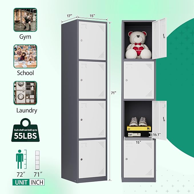 Letaya Metal Lockers for Employees,71" Steel Storage Cabinet with 4 Door Lockable for Office Staff,Home Sundries,Gym,School (Gray&White)