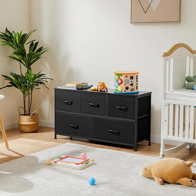 OLIXIS Dresser for Bedroom, 5 Storage Fabric Drawers, Metal Frame and Wooden Top, Tall Storage Drawer Dresser for Closet with Easy Pull Handles for Living Room, Entryway, Small Space Black