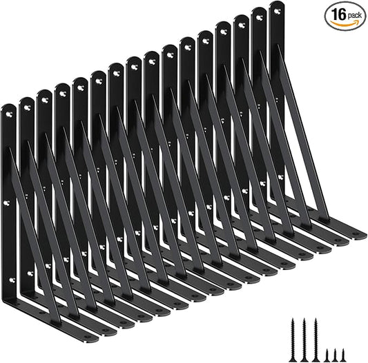 16 Pack L11 x H 8" Black Heavy Duty Shelf Brackets with Screws Metal Shelf Brackets Shelf Support Angle Brackets for Shelves L Brackets Heavy Duty Floating Shelf