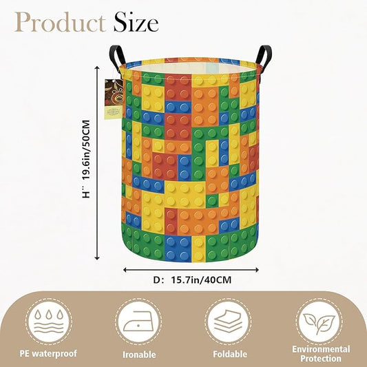 HUNRUNG Laundry Hamper,Large Canvas Fabric Lightweight Storage Basket Toy Organizer Dirty Clothes Collapsible Waterproof for College Dorms（Round-Colorful Blocks）