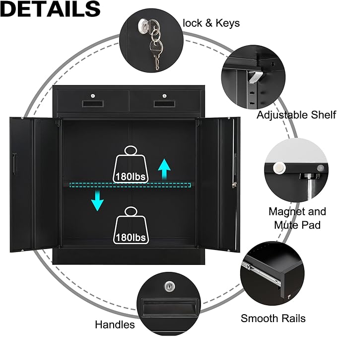 CMY Metal Storage Cabinet, Locking Storage Cabinet with Two Drawers, 36" H Steel Cabinets with Adjustable Shelf for Office, Garage, Home-Black