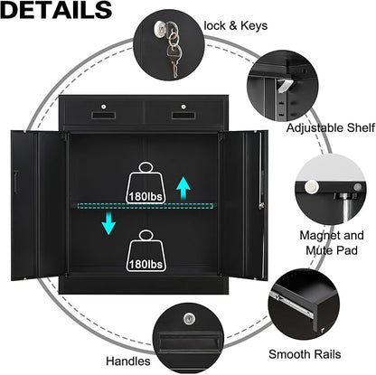 CMY Metal Storage Cabinet, Locking Storage Cabinet with Two Drawers, 36" H Steel Cabinets with Adjustable Shelf for Office, Garage, Home-Black