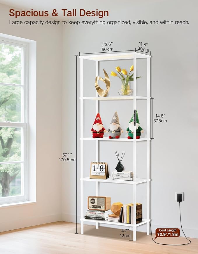 5 Tier Bookshelf with LED Light, Dimmable Bookcase with Touch & Remote Control, 3 Color Temperatures, Tall Modern Display Standing Shelf for Living Room, Bedroom, Home Office (White)