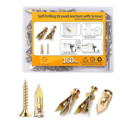 160 PCS Drywall Self Drilling Anchors with Screws Kit,80 PCS Sheetrock Anchors (0.47X1.18inch) and 80 PCS Screws, Eliminating the Need for Drilling or Punching Holes in the wall.