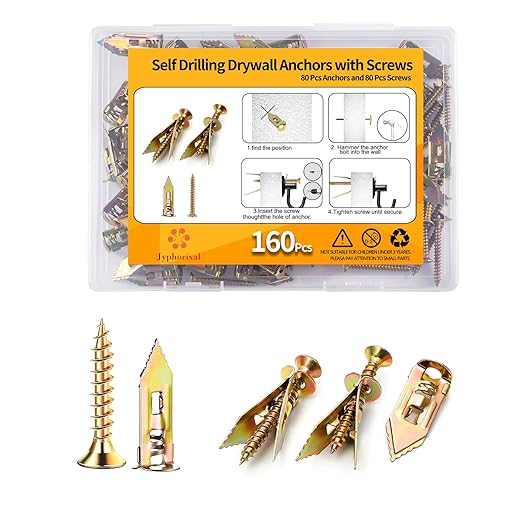 160 PCS Drywall Self Drilling Anchors with Screws Kit,80 PCS Sheetrock Anchors (0.47X1.18inch) and 80 PCS Screws, Eliminating the Need for Drilling or Punching Holes in the wall.