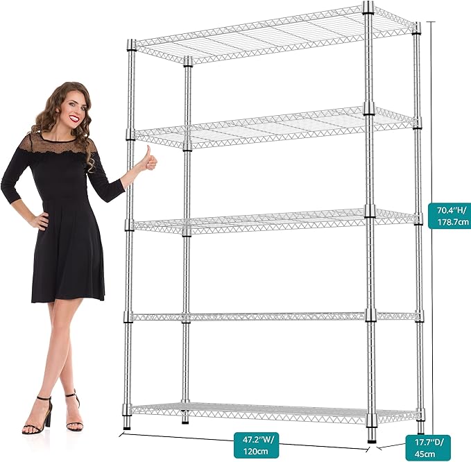 1750LBS 47.2" W 5 Tiers Shelf Steel Storage Shelves Metal Shelving Unit Steel Organizer Wire Rack for Home,Kitchen,Office,Garage Chrome 17.7" D x 47.2" W x 72.4" H