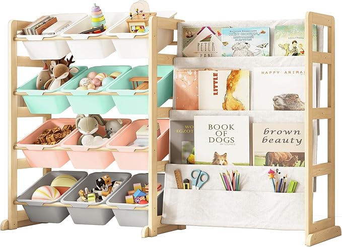 Toy Storage Organizer with Bookshelf - 12 Storage Bins 4-Tier Multipurpose Shelf to Organize Toys and Books for Kids Room, Playroom, Nursery Room, Multi-Color