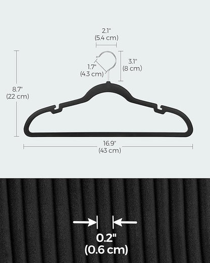 SONGMICS Velvet Hangers 20 Pack, Non-Slip Clothes Hangers with Shoulder Notches, Pants Bar, 360° Swivel Hook, Space-Saving, for Closet, Ink Black UCRF029B02