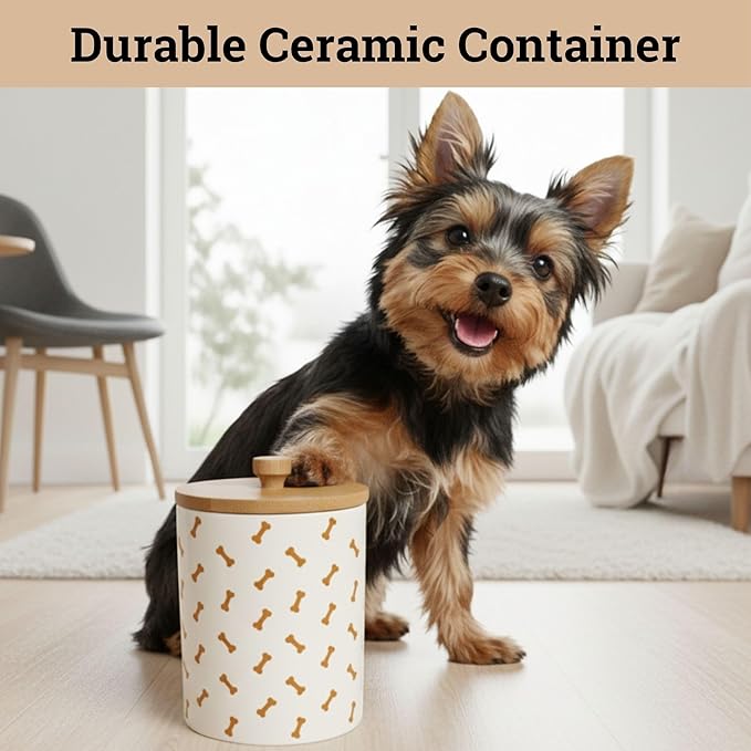 Dog Treat Container Airtight - 5 Inch Wide x 6.4 Inch Tall Ceramic Dog Treat Jar for Kitchen Counter with Airtight Bamboo Lid - 4 Cup Capacity Pet Treats Container - Doggie Cookie Jar Treats Canister