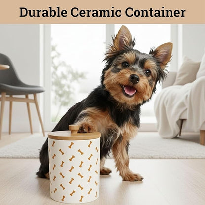 Dog Treat Container Airtight - 5 Inch Wide x 6.4 Inch Tall Ceramic Dog Treat Jar for Kitchen Counter with Airtight Bamboo Lid - 4 Cup Capacity Pet Treats Container - Doggie Cookie Jar Treats Canister