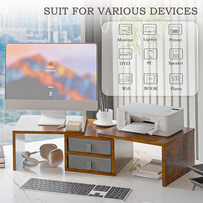 TEAMIX Dual Monitor Stand Riser with 2 Drawers - Length and Angle Adjustable 3 Shelf Monitor Riser with Storage Desk Organizer Large Monitor Stand for 2 Monitors/Laptop/PC,Screen/TV Stand Riser