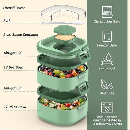 Luch Box Set Stackable Stainless Steel Bento Box with Insulated bag,Leak-Proof,2-Tier Bento box,Lunch Box With Portable Sauce Pod and Cutlery-for Kids/Toddler,Dishwasher Safe,Green