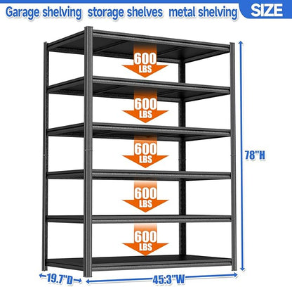 78"H Storage Shelves Heavy Duty 3600LBS Garage Shelving 6 Tier Adjustable Metal Shelving Unit Storage Rack and Shelving for Basement, Warehouse, Pantry, Closet, Kitchen 45.3"W × 19.7"D × 78"H, Black