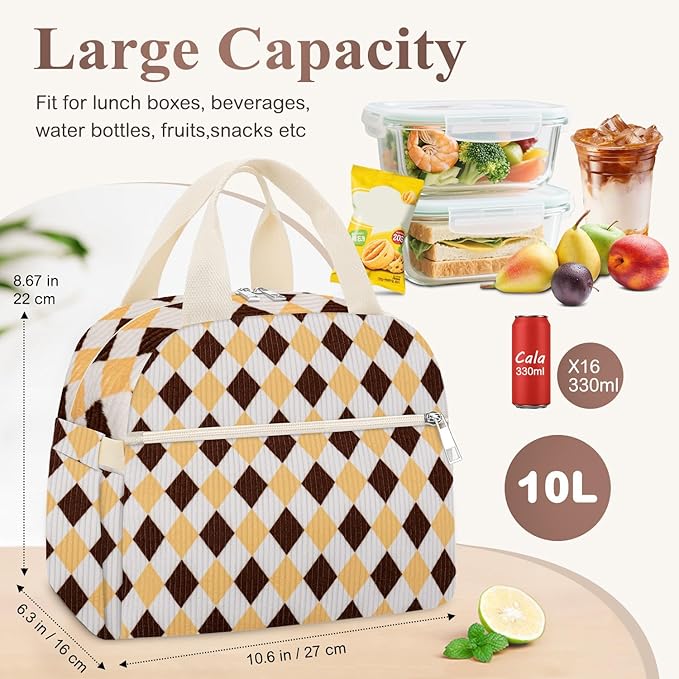 Lunch Box for Women, Cute Corduroy Grid Insulated Lunch Bag Women Reusable Work Leakproof Simple Adults Large Lunch Boxes Tote Bag Men Cooler Bag