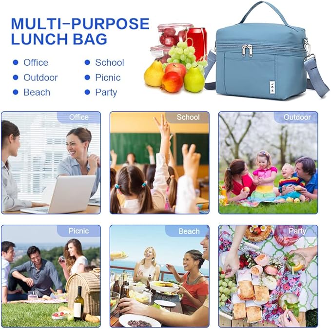 NOL Natural Organic Lifestyle Small Insulated Lunch Bags for Women Cooler Bag Lightweight Nylon Waterproof Lunch Box For Work (Small, Dusty blue)