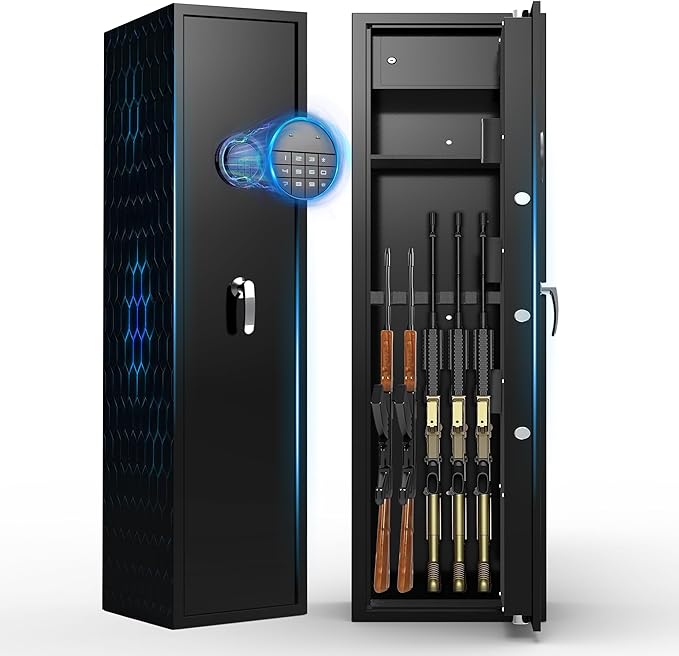 Marcree Gun Cabinet for Rifles and Shotguns, Digital Rifle Gun Safe with Inner Safe Box, Rifle Safes for Home with Dual Alarm System&Removable Shelf, Handgun Bags, LED Light&Magnetic LED Light