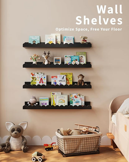 Shario Nursery Book Shelves, 4-Pack Wood Floating Shelves for Wall Kids, Scalloped Shelves, Wall Book Shelves for Bedroom Kids, Toddler Room, Baby Room, Nursery Decor (Black, 23 Inches)
