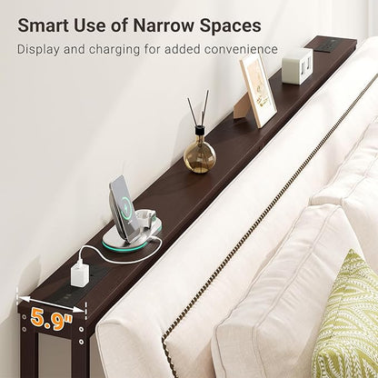 ELYKEN 5.9" Narrow Console Sofa Table with Power Outlets, 5.9" Dx39.4 Wx31.1 H Bamboo Behind Couch Table with Charge Station, Brown