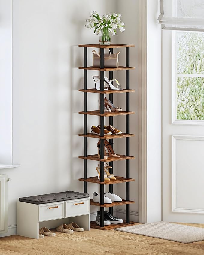 9-Tier Vertical Shoe Rack, DIY Corner Shoe Rack for Entryway, Narrow Shoe Shelf, Tall Storage Organizer, Saving Space, for Small Spaces, Entryway, Hallway, Rustic Brown and Black MXJ01BF