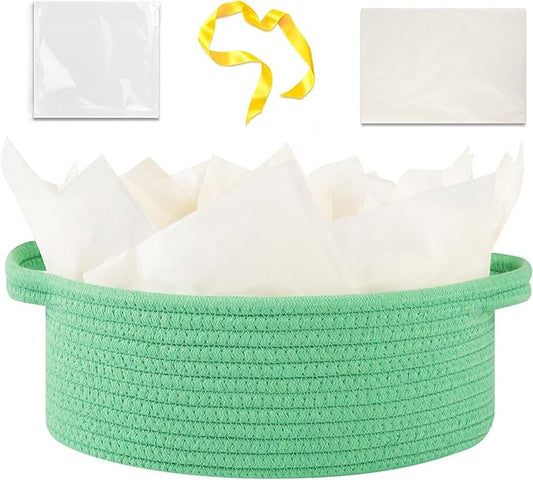 OIAHOMY Gift Basket with Handle, Small Woven Basket with Gift Bag, Ribbon and Wrap Tissue Paper, Nursery Bins Empty to Fill with Small Items, Baby, Pet Toy Organizer - Green