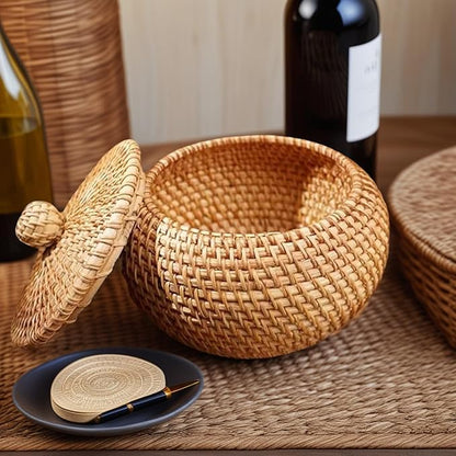 Small Rattan Basket Box with Lid, Round Handmade Woven Storage Basket, Multi-purpose Wicker Bowl Decorative Organizer for Shelf, Home, Bathroom Decor
