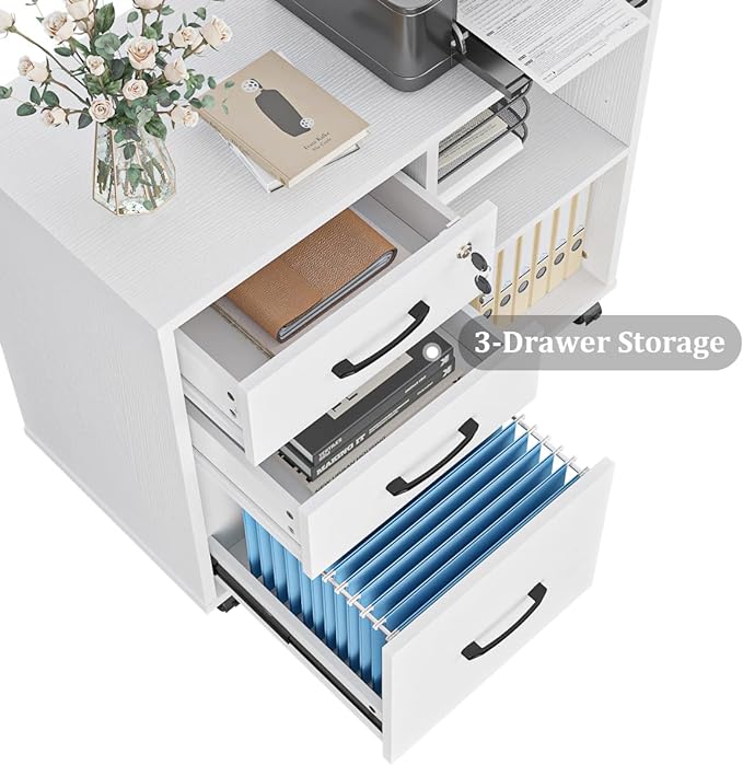 Panana 3 Drawer Office File Cabinets, Mobile Lateral Printer Stand with Open Storage Shelf, Rolling Filing Cabinet with Wheels Home Office Organization and Storage (White)