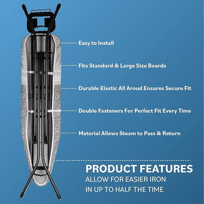 Bartnelli Ironing Board Cover and Pad, Made in Europe with New Patent Technology | 54x15 Iron Board Replacement Cover Featuring Park & Turbo Zone, Scorch Resistant 100% Cotton Thick Layered Top