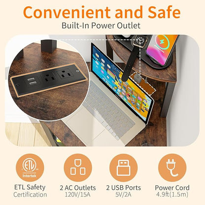 Corner Printer Stand Table, with Power Outlet and USB Charging & LED Lights, for Home Printer Stands, Storage Shelf, Computer Tower/CPU Stand Holder for Home Office, Rustic Brown