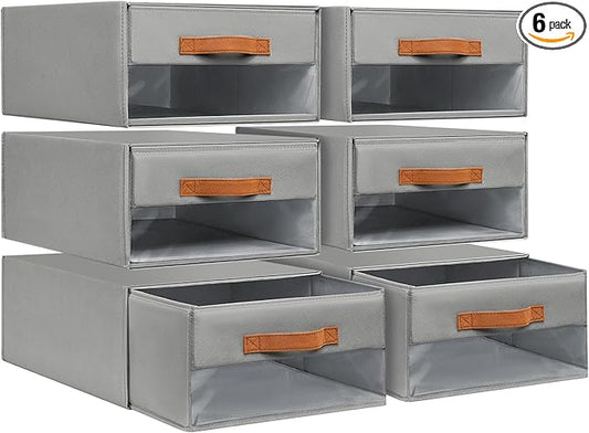 DIMJ Closet Organizers and Storage - Foldable Storage Bins with Drawers Pull-Out Stackable Storage Drawers with Clear Window,Fabric Clothes Organizers and Storage Drawers for Closet, 6-Pack, Grey