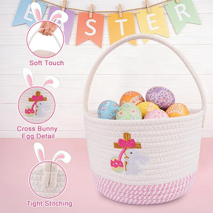 Baby Easter Basket & Gift Basket - Pink White Cross Bunny Woven Cotton Rope Basket with Handle, Empty Egg Hunt Basket for Girls, Boys, Toddlers