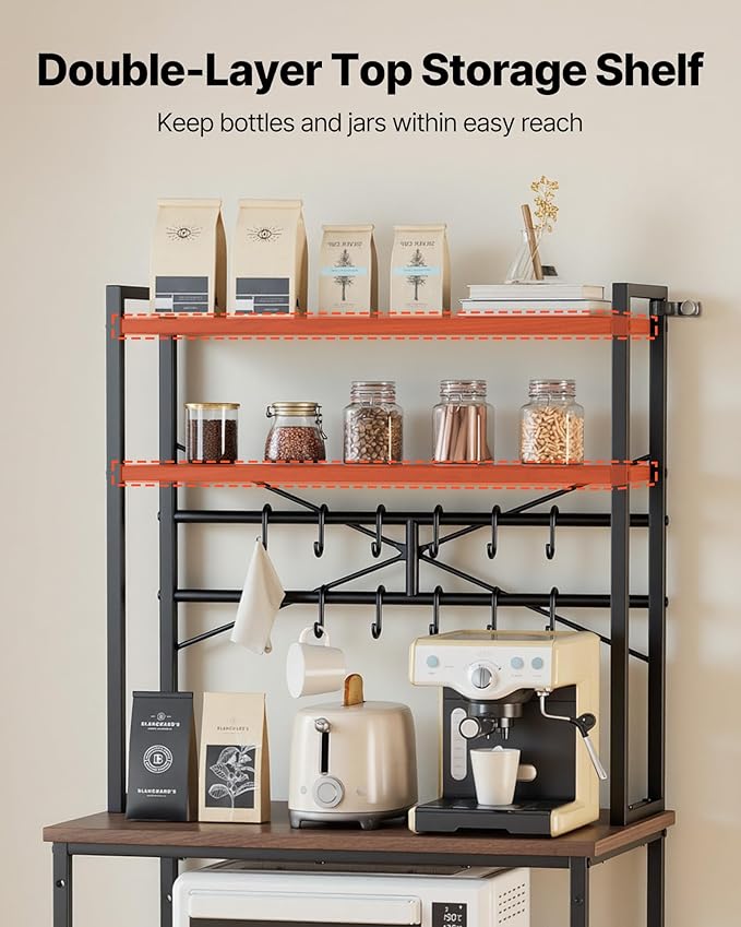 VEVOR Bakers Rack, 31.5 inch Width Microwave Stand,Kitchen Stand with X-Shaped Support Bar & 12 S-Shaped Hooks,Kitchen Storage Shelf for Dish Storage, Spice Jars, Coffee Bar Organization