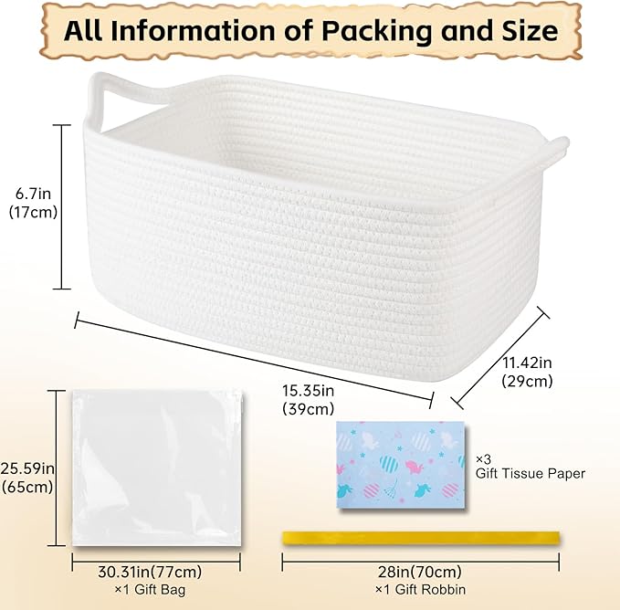 OIAHOMY 19L Woven Basket, Gift Basket Empty with Gift Bags Ribbons and Wrap Tissue Paper, Rope Baskets for Baby Showers, Storage Baskets with Handles for Nursery Pet Toy Organizer - Easter White