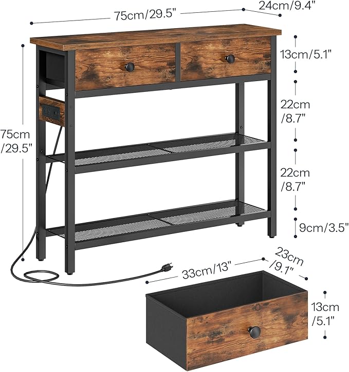 HOOBRO 29.5" Narrow Console Table with Power Outlet, Small Entryway Table with 2 Fabric Drawers, Behind Couch Table Sofa, 3-Tier Storage Shelves, for Living Room, Hallway, Rustic Brown BF72UXG01
