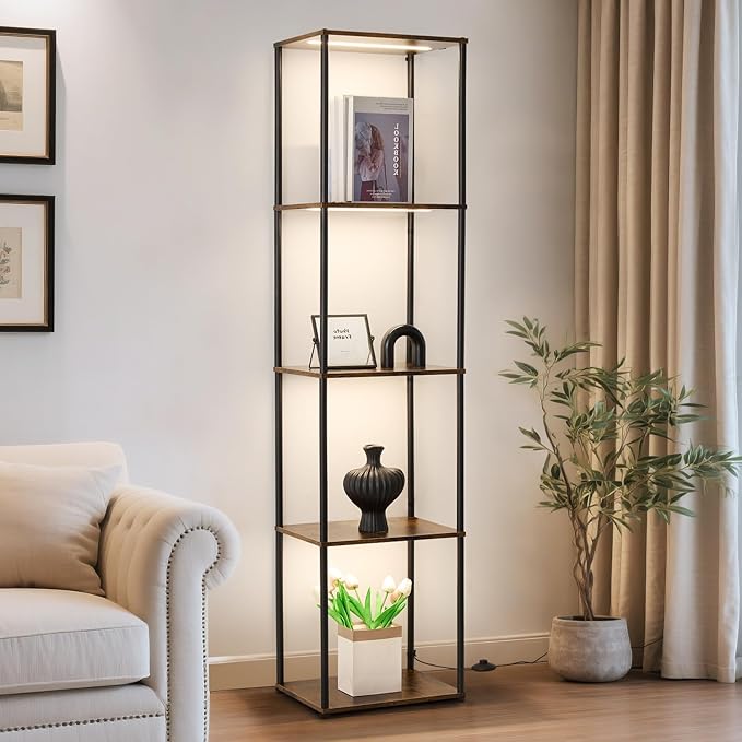 Tall Display Shelf with Lights, Dimmable LED Display Cases for Collectibles, Curio Cabinet with Adjustable Color Temperature, 5-Tier Corner Bookshef with Light, Floor Lamp with Shelves for Living room