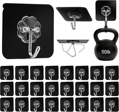 DDMY Adhesive Hooks for Hanging Heavy Duty 2026 Upgraded Black 24 Pack Sticky Wall Hooks 50lbs(Max) Reusable No Damage Hook Super Strong Waterproof for Bathroom, Kitchen, Home, Office and Outdoor