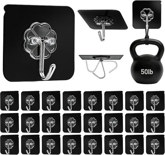 DDMY Adhesive Hooks for Hanging Heavy Duty 2026 Upgraded Black 24 Pack Sticky Wall Hooks 50lbs(Max) Reusable No Damage Hook Super Strong Waterproof for Bathroom, Kitchen, Home, Office and Outdoor