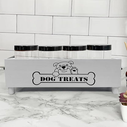 Large Dog Treats Container, Dog Cookie Jar for Dogs Cat Treats Container, Farmhouse Wood Pet Treats Storage Organizer for Dog Food Storage Container with 4 Jars, Cat Dog Treat Organizer(White)