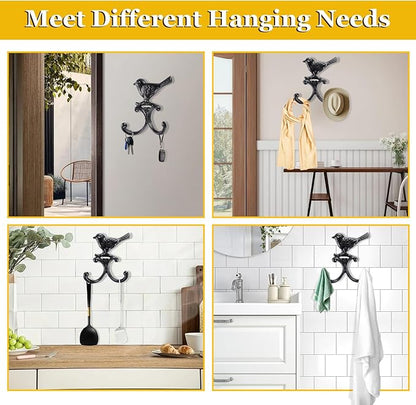OwnMy Cast Iron Bird Coat Hooks Decorative Wall Hook, Vintage Dog Leash Holder Farmhouse Key Holder for Wall, Heavy Duty Indoor Outdoor Double Wall Hooks for Hanging Towels, Hats, Potted Plants, Tools