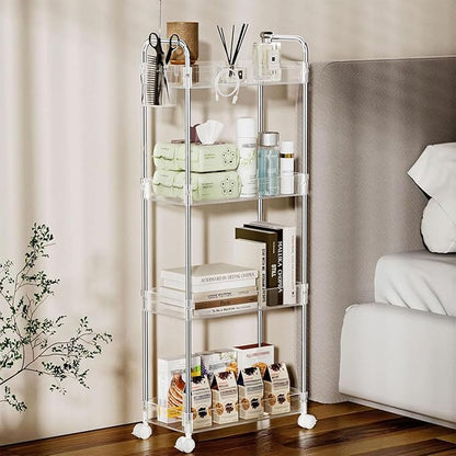 SPACEKEEPER Acrylic Rolling Storage Cart 4 Tier Clear Bathroom Cart Organizer, Transparency Rolling Utility Cart Laundry Room Organization Multifunction Mobile Shelving Unit for Office, Living Room