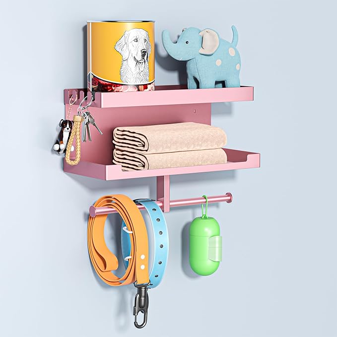 Dog Leash Holder for Wall, Leashes Hanger, Wall Mounted Dog Stuff Storage and Organizer, Metal Key Holder Pet Leash Hooks for Leashes, Training Treats, Chew Toys, Keys, Large (Rose Gold)
