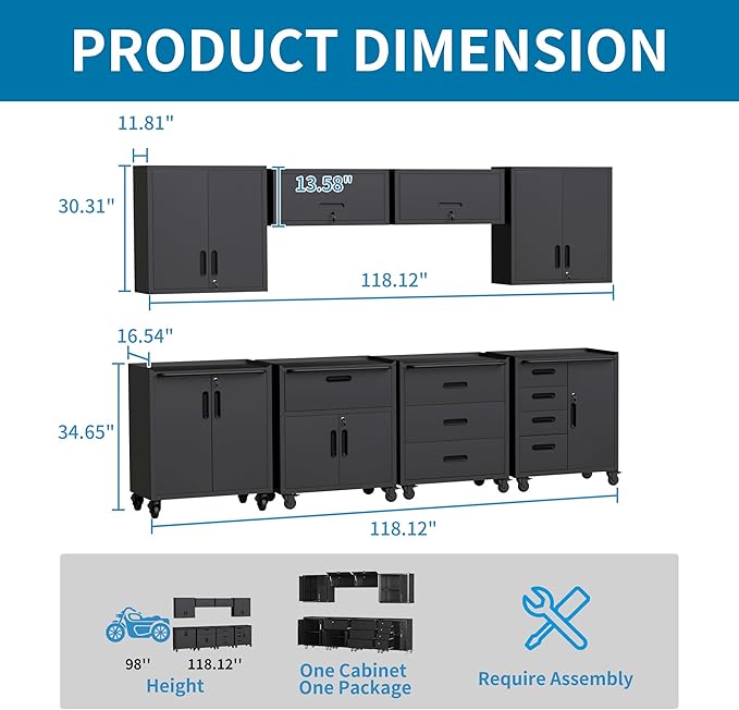 Black Garage Storage Cabinets System 8PCS Workshop Set with Drawers Locking Heavy Duty Rolling Cart with Adjustable Shelves Garage Tool Workbench Cabinets