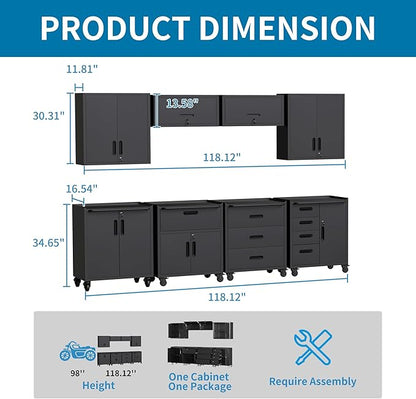 Black Garage Storage Cabinets System 8PCS Workshop Set with Drawers Locking Heavy Duty Rolling Cart with Adjustable Shelves Garage Tool Workbench Cabinets