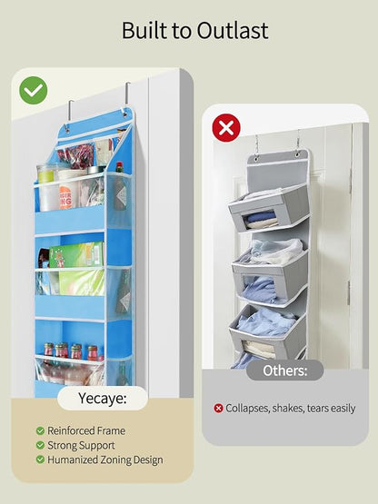Yecaye 5 Tier 2Pc Over the Door Organizer, Swing-proof Door Organizer Hanging with Clear PVC Windows, Behind the Door Storage for Bedroom Nursery Closet Laundry Pantry Bathroom, Soft Sky Blue