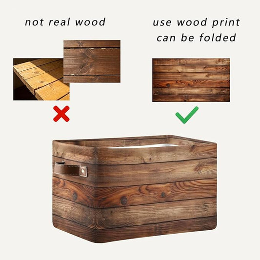 Wood Print (Not Real Wood) Rectangular Retro Vintage Storage Basket Organizer Bin Shelf Baskets For Clothes Gifts For Home Office Dorm