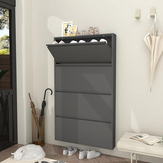 GREATMEET Black Shoe Cabinet Storage for Entryway, Narrow Shoe Cabinet for Entryway Slim, Wall Mounted Metal Hidden Shoe Organizer with 4 Flip Drawers