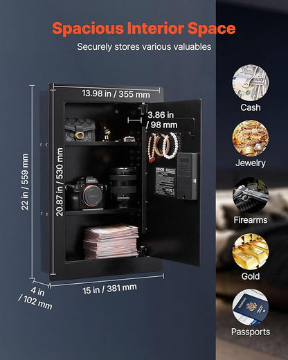 VEVOR Wall Safe, 3-Tier Hidden Wall Safe with Fingerprint, Password, Key & Turning Knob, Q235 Cold-Rolled Steel In-Wall Box with Adjustable Shelves & Key Holders for Money, Jewelry, Passport, Document